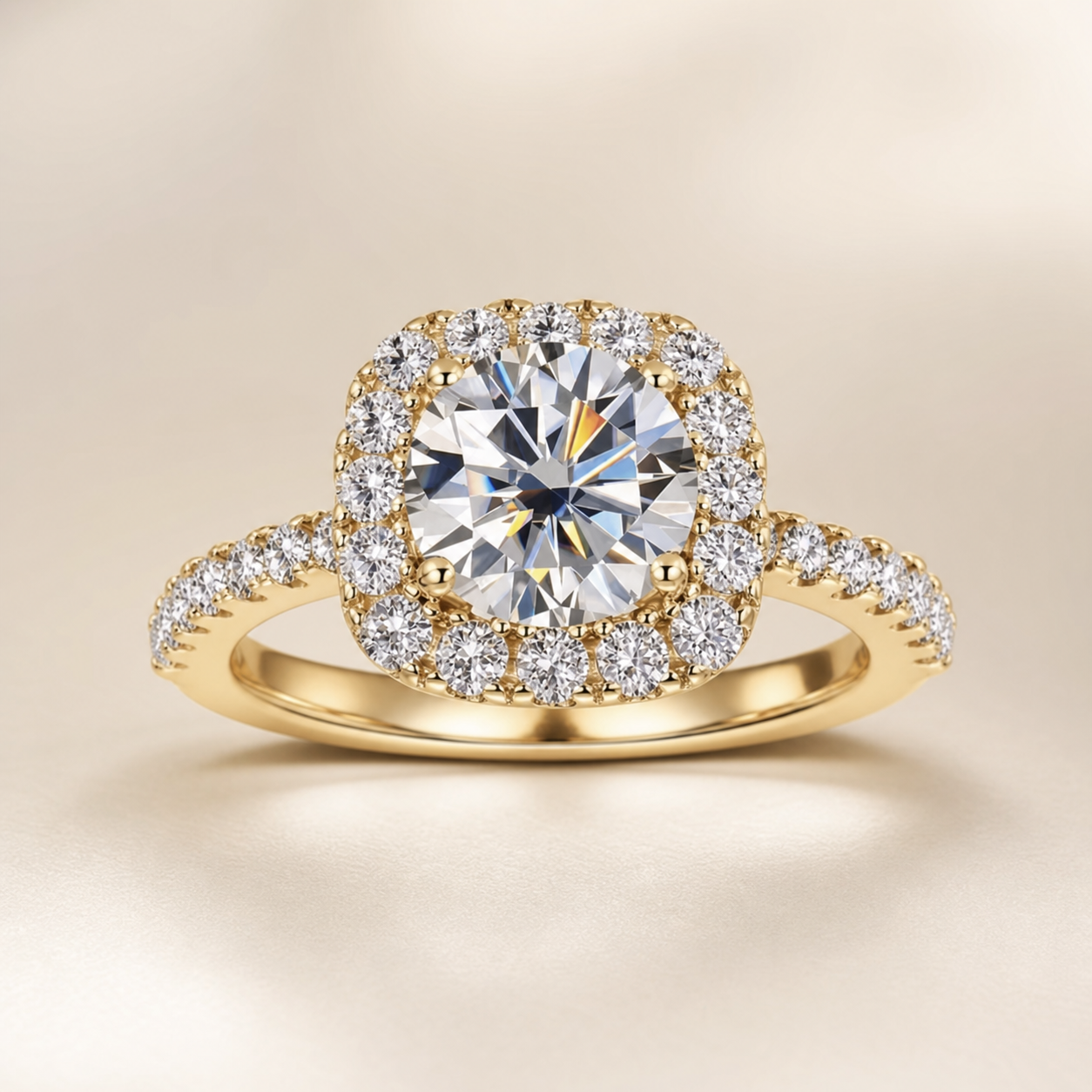 Solène Halo Ring auf warmem Premium-Studiohintergrund