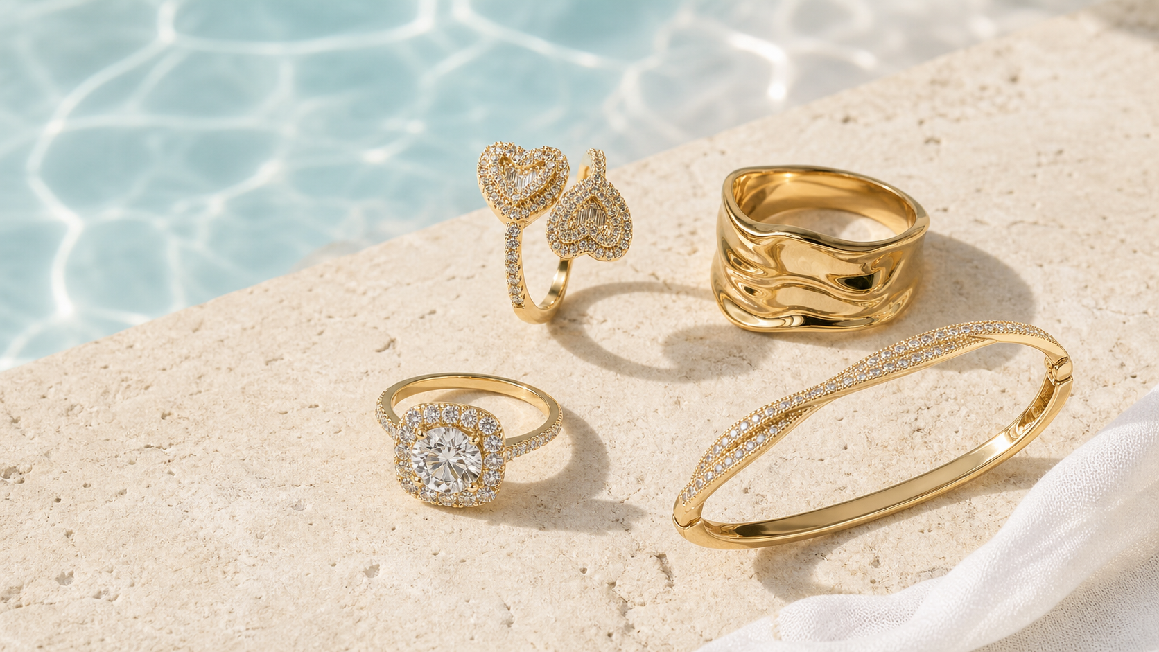 Sommerkollektion mit vier goldfarbenen Schmuckdesigns am Pool
